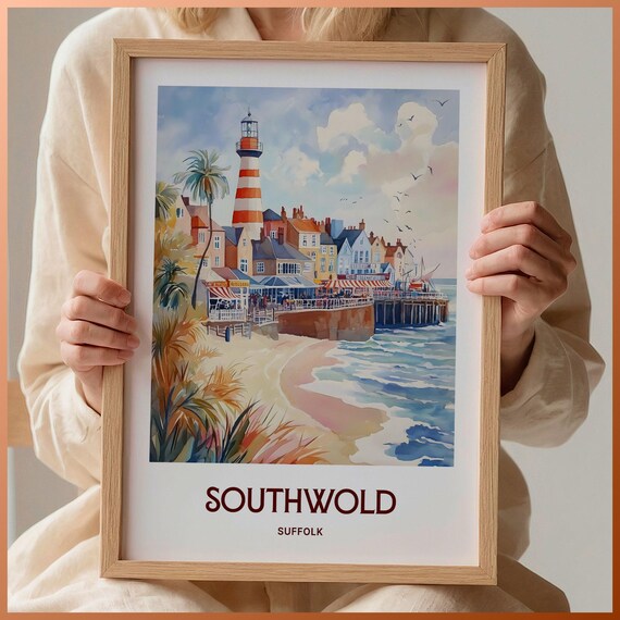 Southwold Suffolk Lighthouse Pier Beach Watercolor Coastal Travel Poster