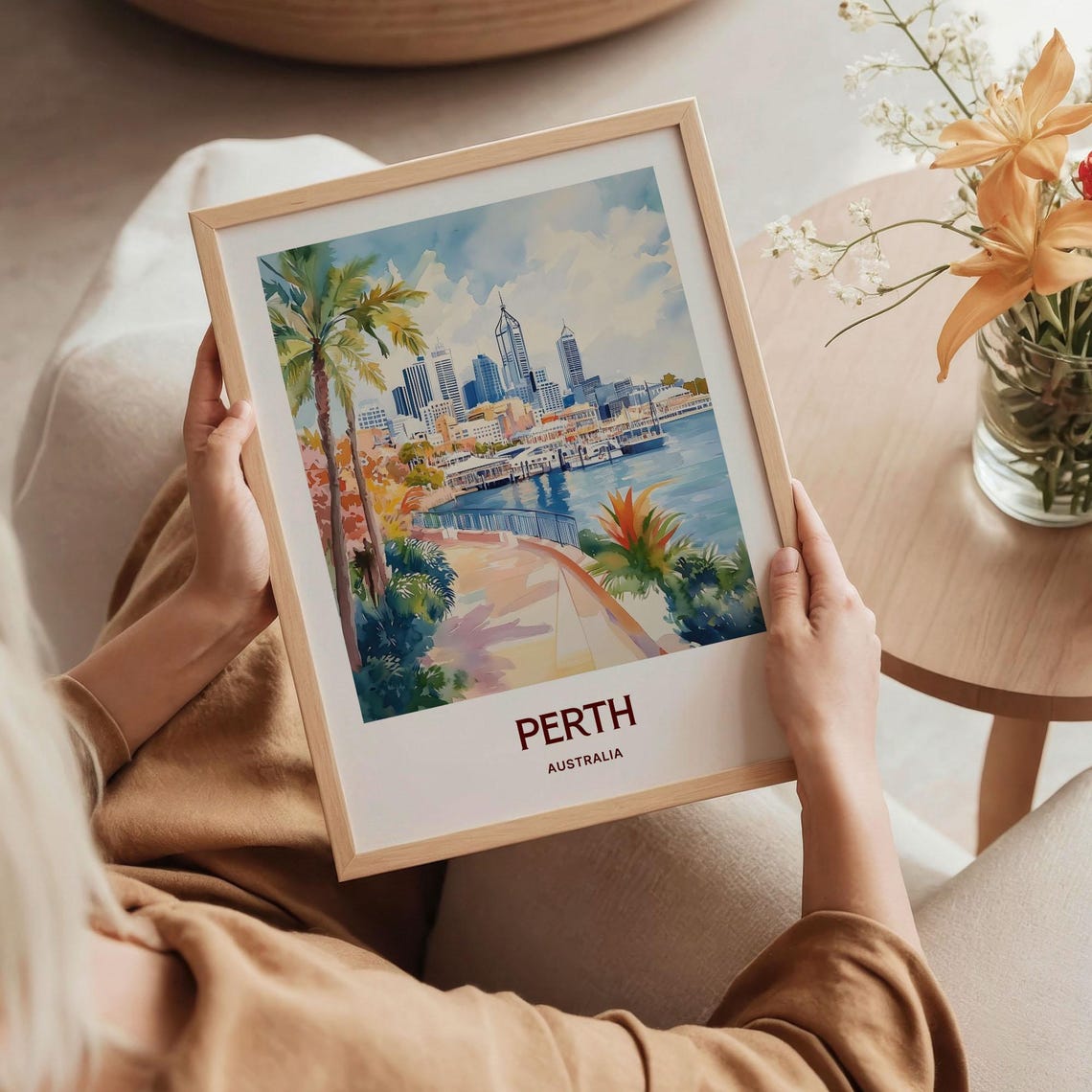 Perth Skyline Waterfront Swan River Watercolor Travel Poster - Image 5