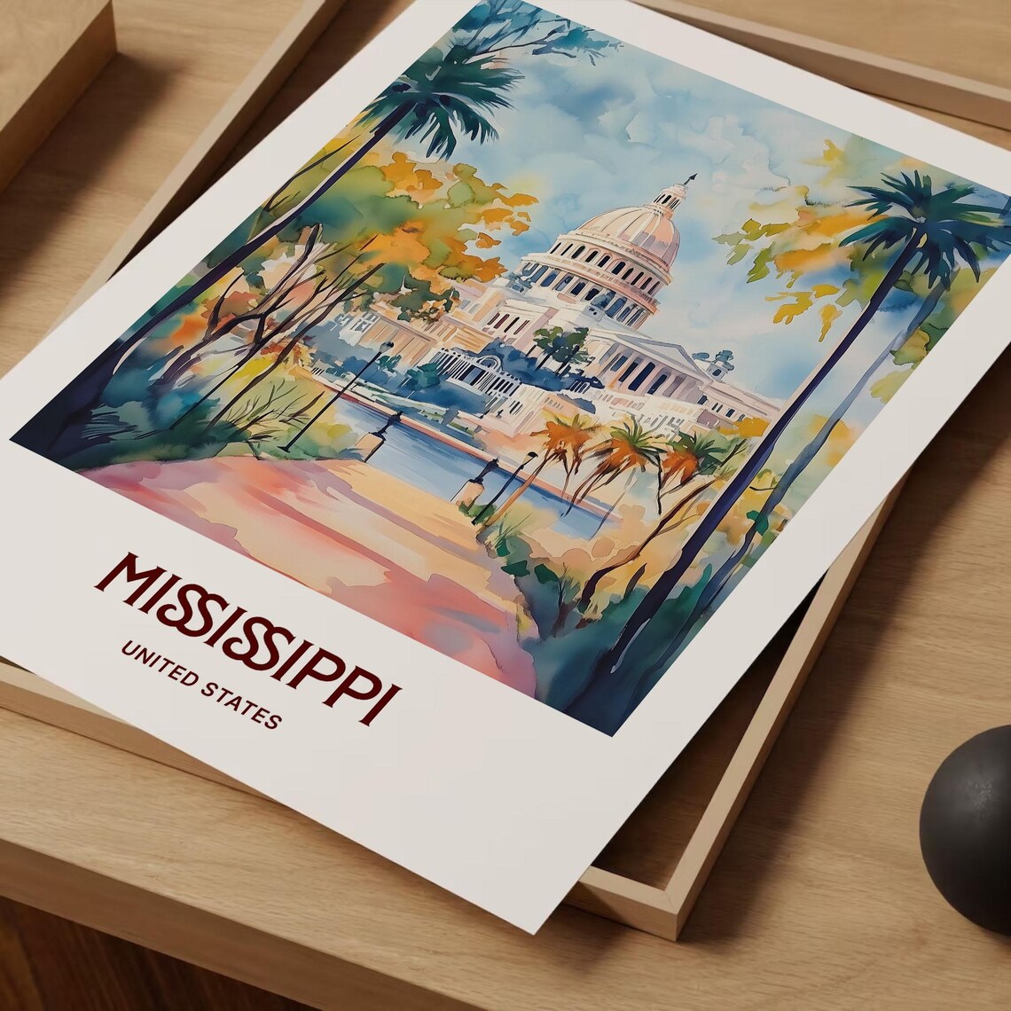 Mississippi State Capitol Dome Palm Trees Watercolor Travel Poster - Image 2