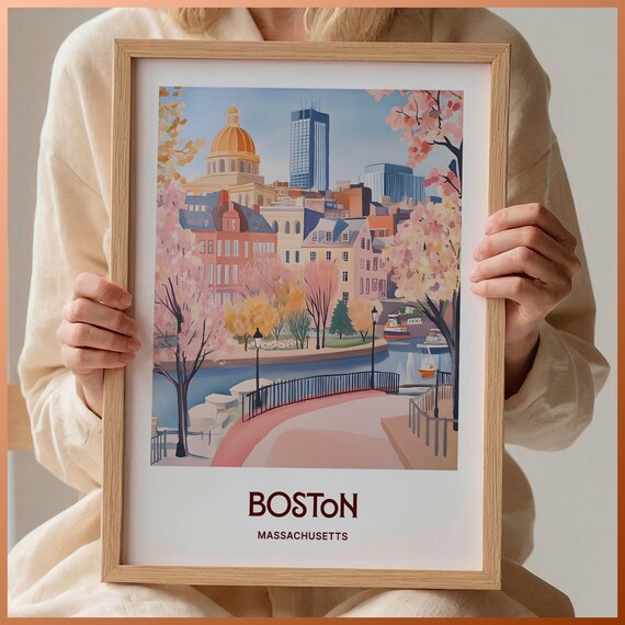 Boston Massachusetts State House Dome Park Boats Watercolor Travel Poster
