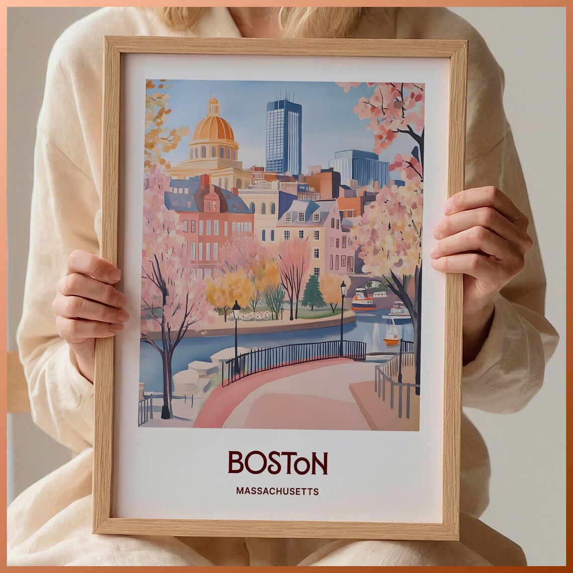 Boston Massachusetts State House Dome Park Boats Watercolor Travel Poster