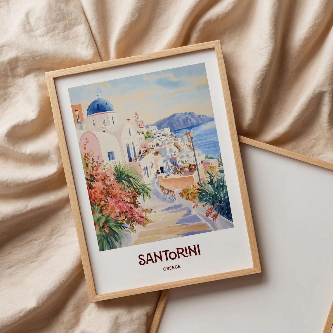 Santorini Greece Watercolor Blue Domes Island Caldera Poster - Image 3