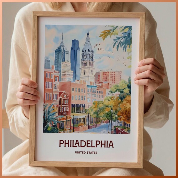 Philadelphia Skyline City Hall Tower Watercolor Travel Poster USA
