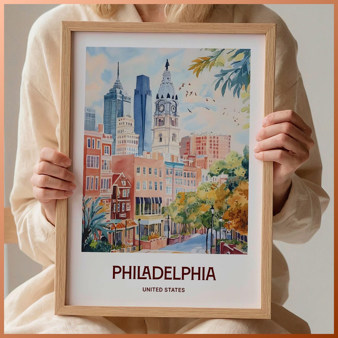 Philadelphia Skyline City Hall Tower Watercolor Travel Poster USA