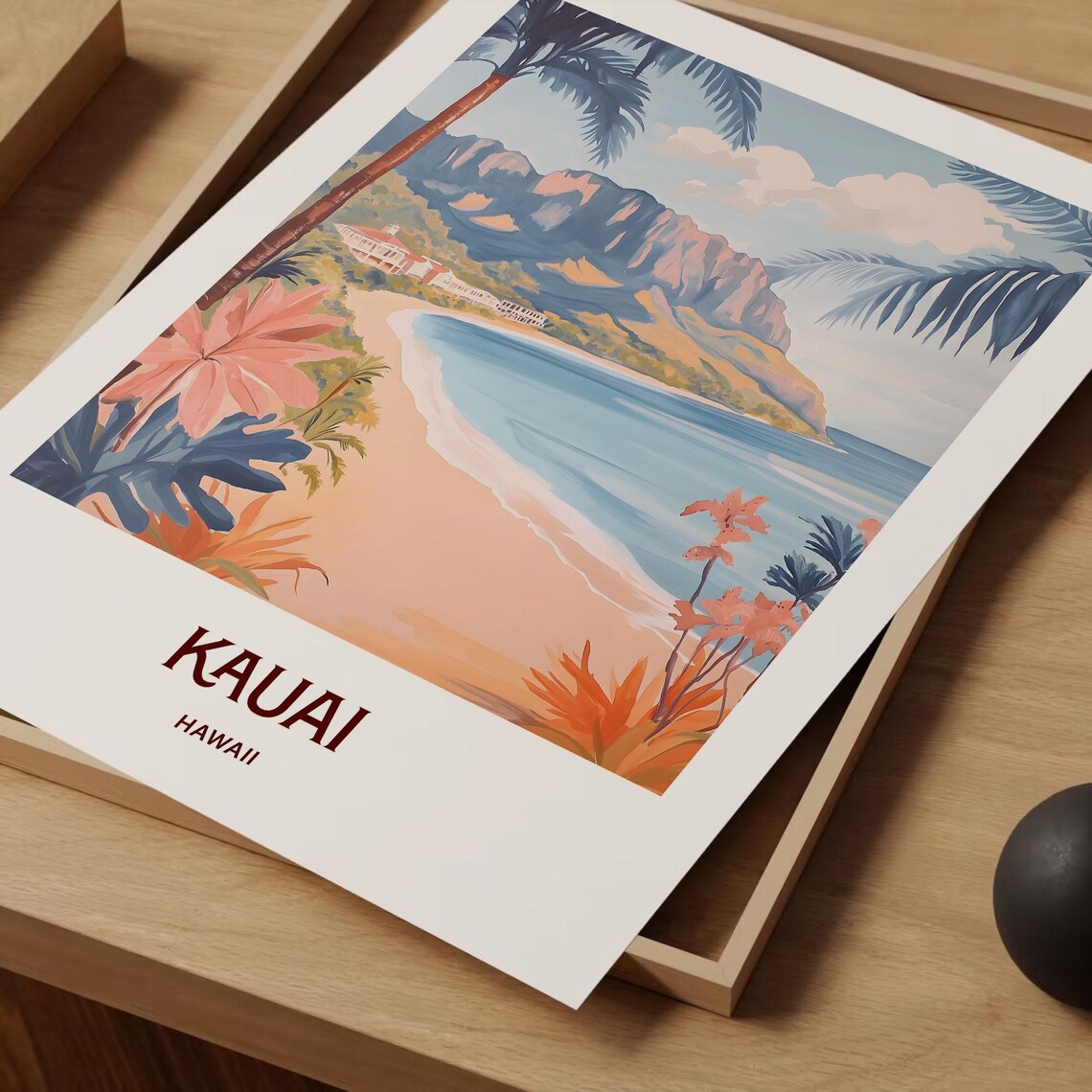 Kauai Hawaii Beach Palms Mountain Coast Tropical Watercolor Travel Poster - Image 2