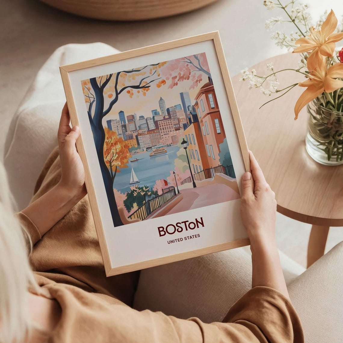 Boston United States Pastel Harbor Skyline Autumn Scene Poster - Image 5