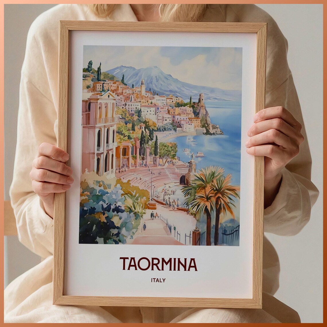 Taormina Sicily Ancient Theatre Coast Italy Watercolor Travel Poster