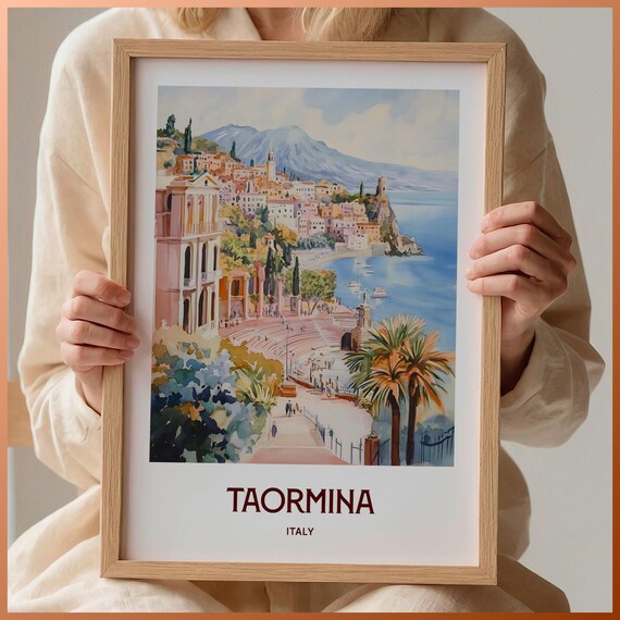 Taormina Sicily Ancient Theatre Coast Italy Watercolor Travel Poster