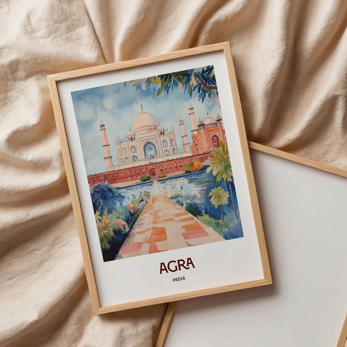 Agra India Taj Mahal Reflection Watercolor Iconic Landmark Travel Poster - Image 3