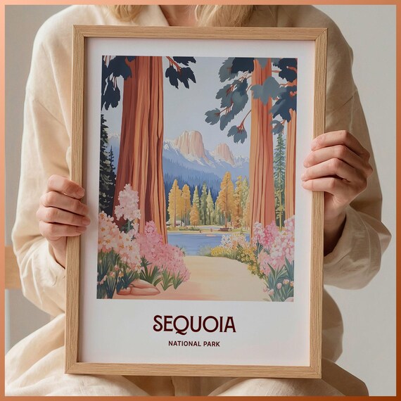 Sequoia National Park Giant Trees Lake Mountain Travel Art Poster