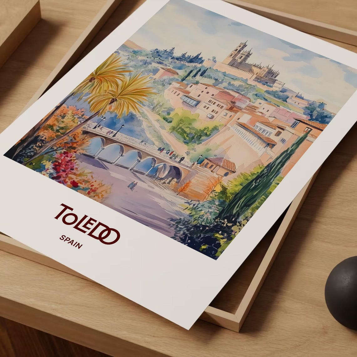 Toledo Spain Historic Alcazar Arched Bridge Watercolor Travel Poster - Image 2