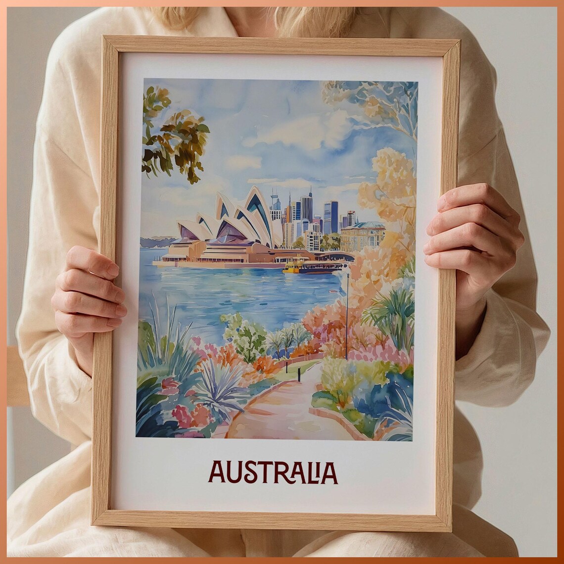Australia Sydney Opera House Harbor Watercolor Iconic Travel Poster Art
