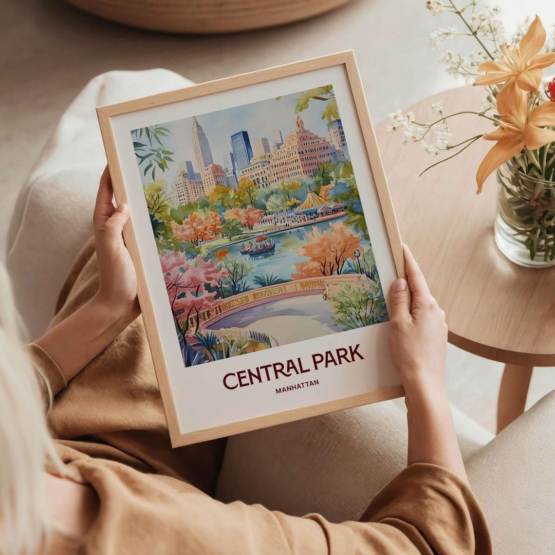 Central Park Manhattan Autumn Watercolor Poster Skyline Lake View - Image 5