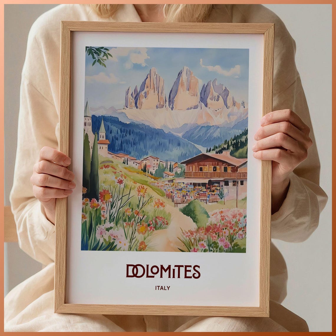 Dolomites Italy Alpine Village Jagged Peaks Watercolor Travel Poster