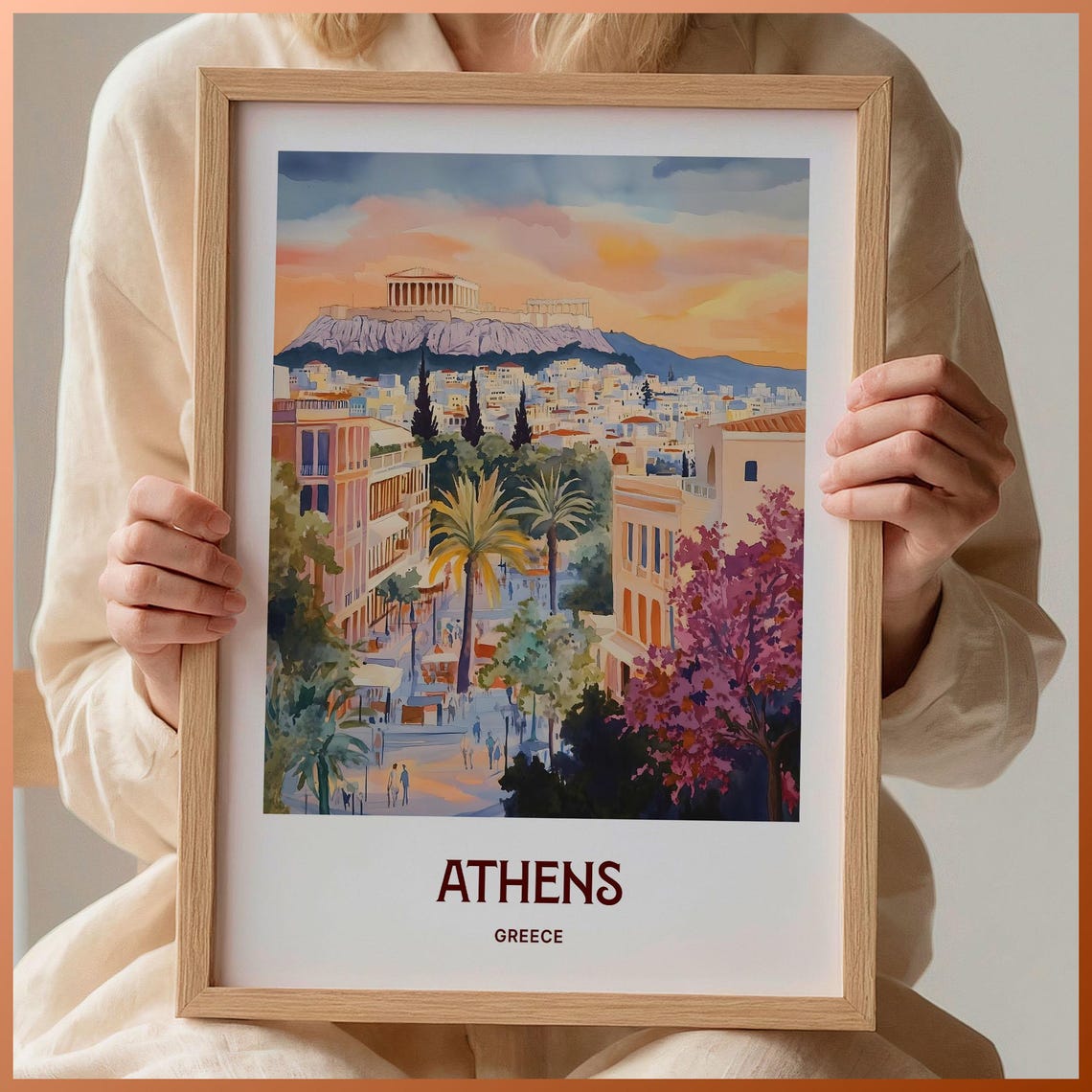 Athens Greece Sunset Acropolis Cityscape Watercolor Travel Poster