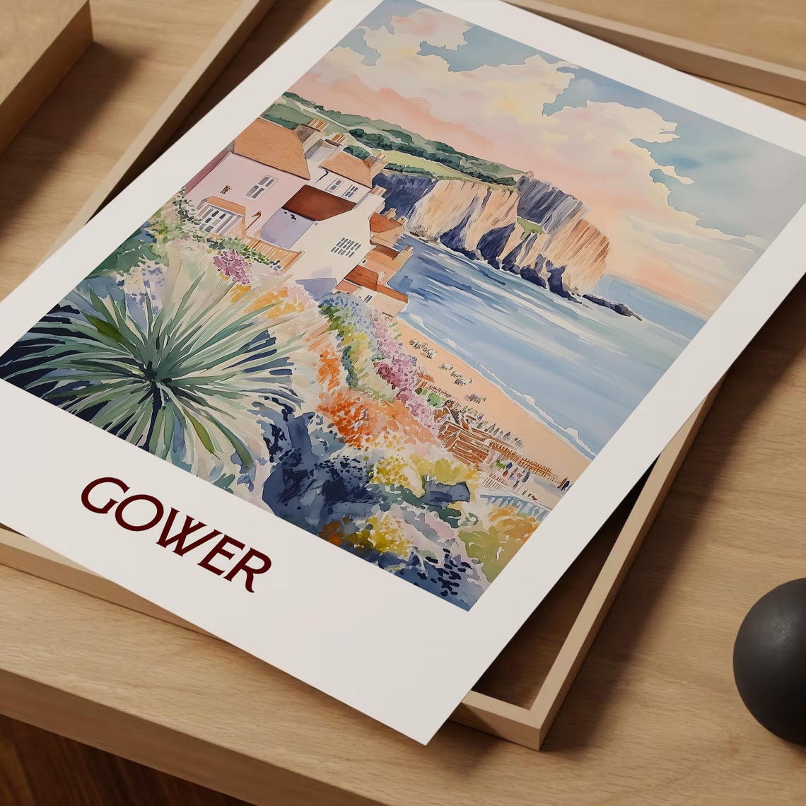Gower Coastal Cliffs Village Beach Seaside Watercolor Travel Poster - Image 2