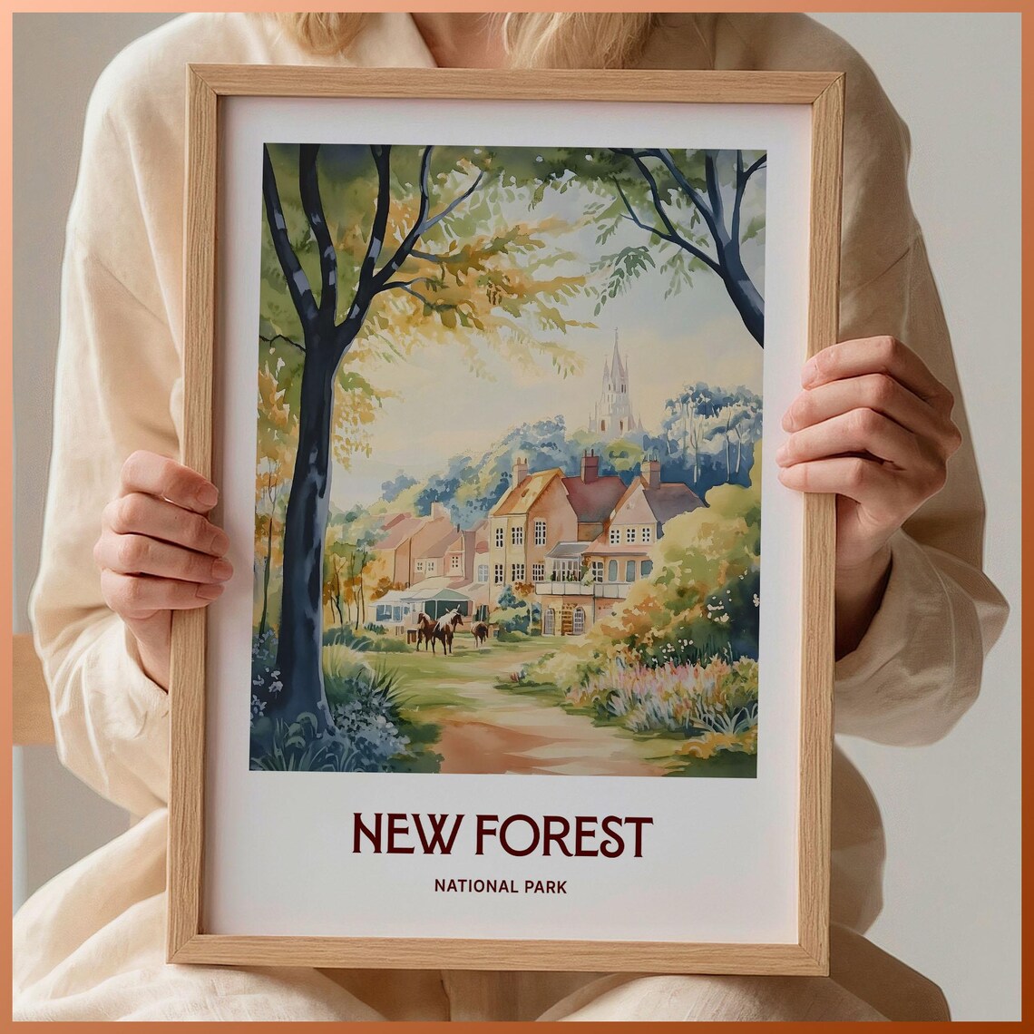 New Forest National Park Village Horses Watercolor Travel Poster