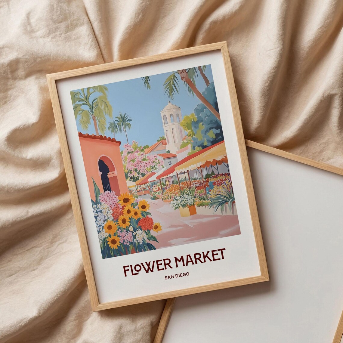 San Diego Flower Market Sunflower Stalls Watercolor Travel Poster - Image 3