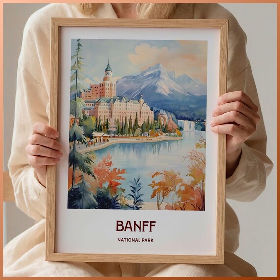 Banff National Park Lakeside Lodge Mountain Watercolor Poster