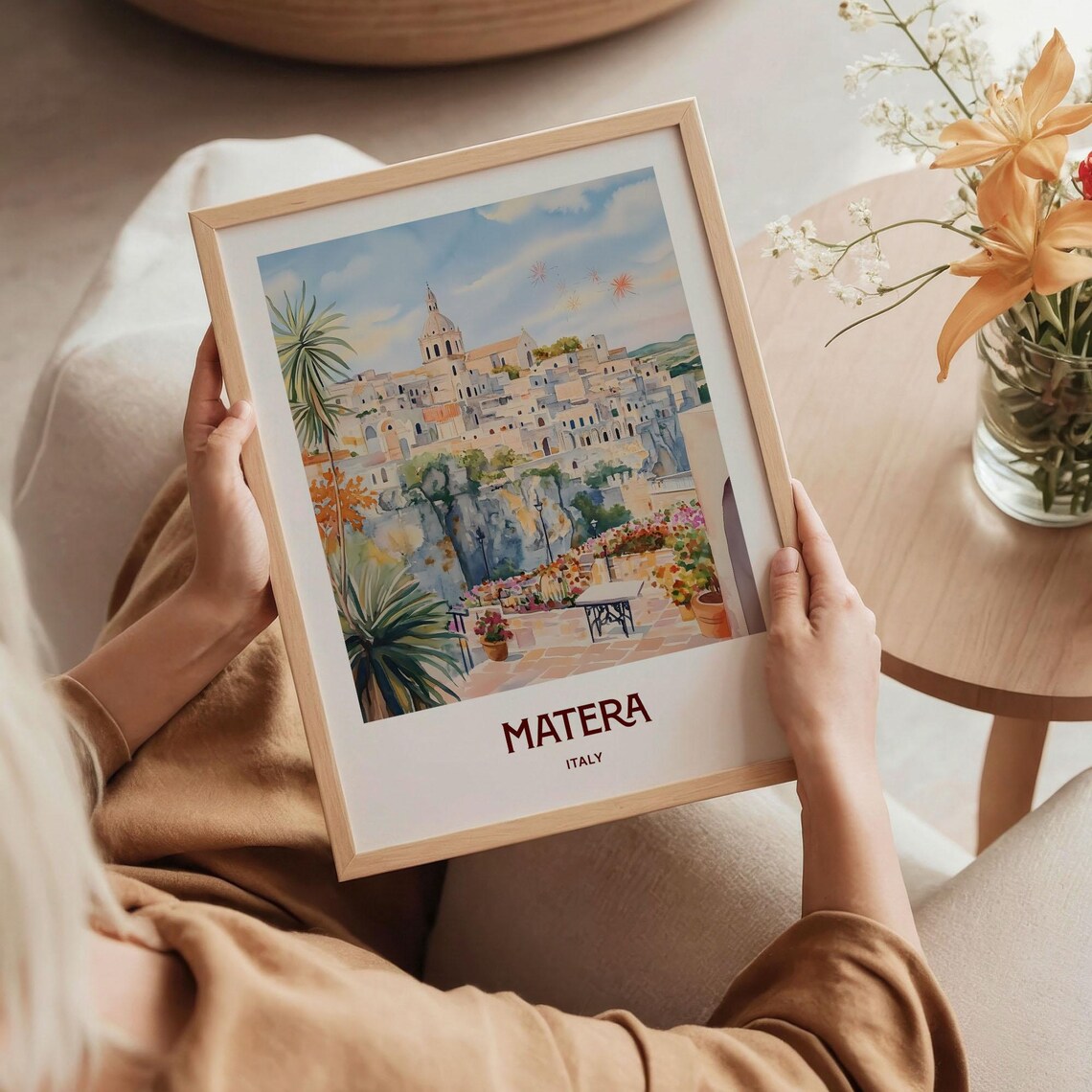 Matera Italy Watercolor Ancient Cave Dwellings Flower Terrace View Poster - Image 5
