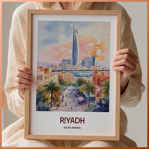 Riyadh Saudi Arabia Modern Skyline Sunset Watercolor City Poster