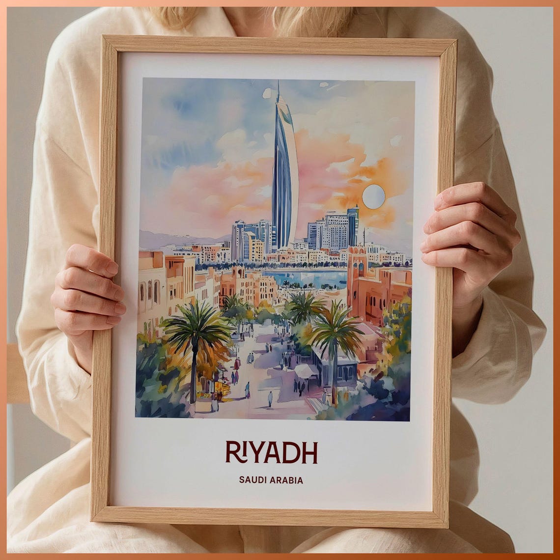 Riyadh Saudi Arabia Modern Skyline Sunset Watercolor City Poster