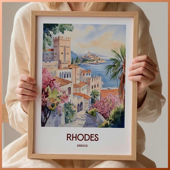 Rhodes Greece Medieval Old Town Harbor Watercolor Vintage Travel Poster