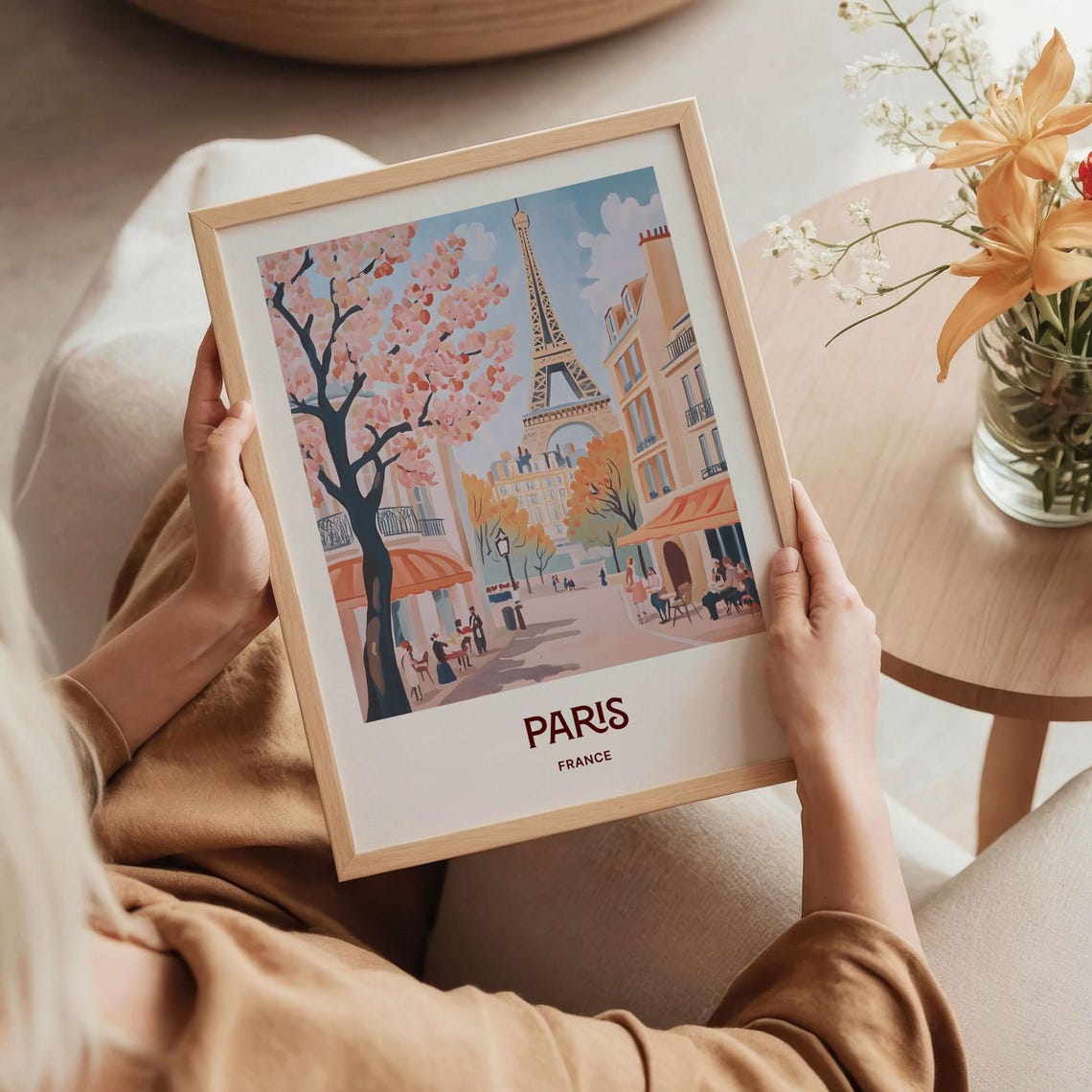 Paris France Eiffel Tower Cafe Street Cherry Tree Art Poster - Image 5