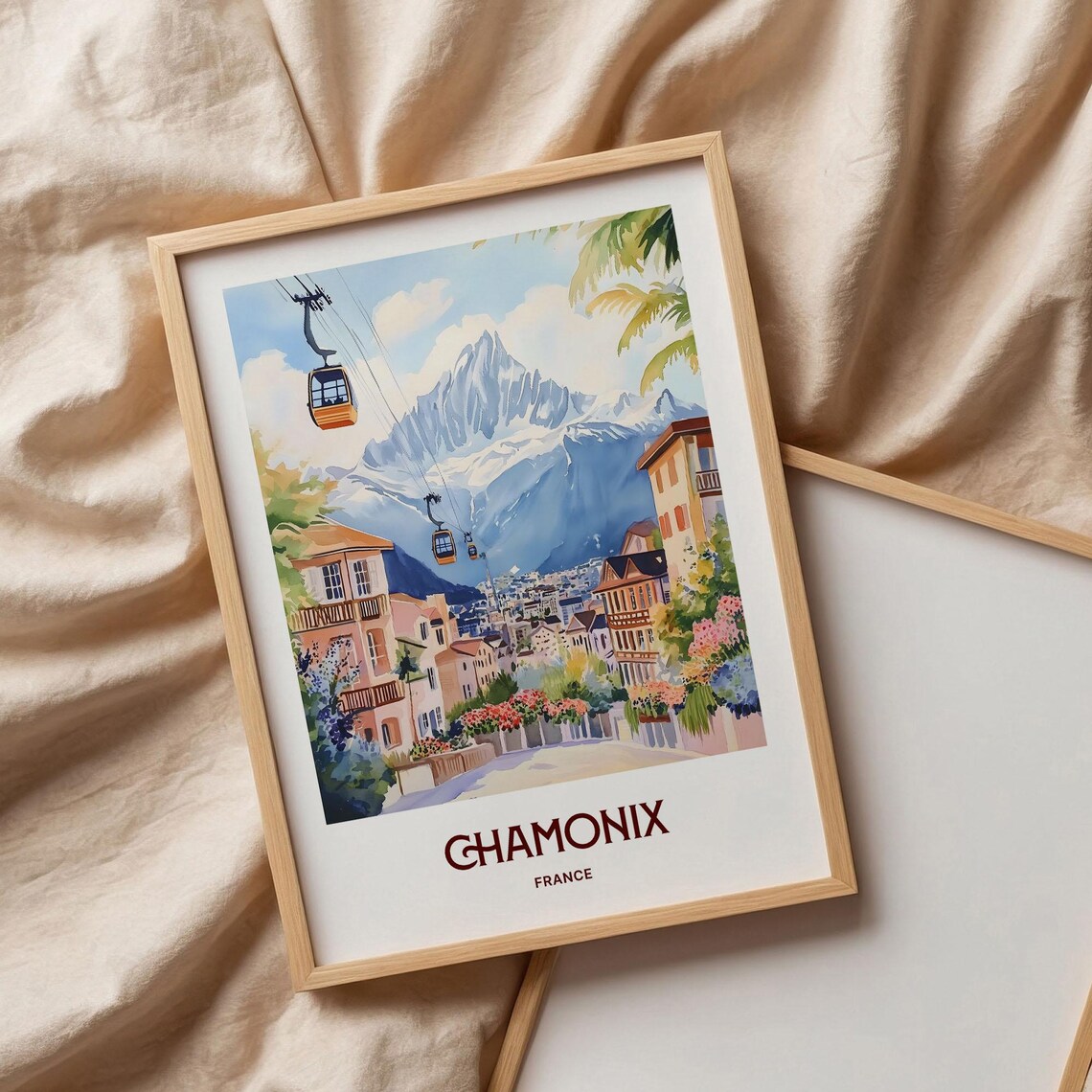 Chamonix France Ski Gondolas Alpine Resort Town Watercolor Poster - Image 3