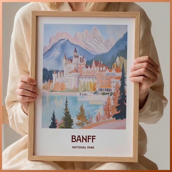 Banff National Park Canada Fairmont Lakeside Castle Watercolor Poster