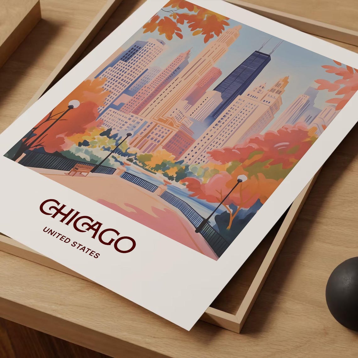 Chicago United States Pastel Skyline Autumn Park Scene Poster - Image 2