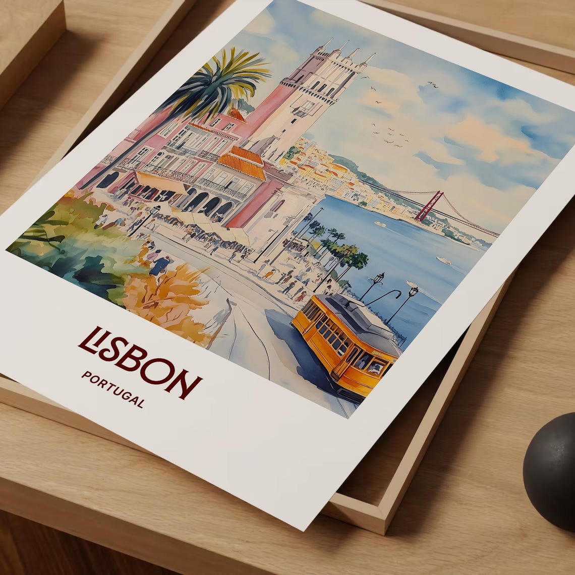 Lisbon Portugal Riverside Tram Bridge Watercolor Travel Poster - Image 2