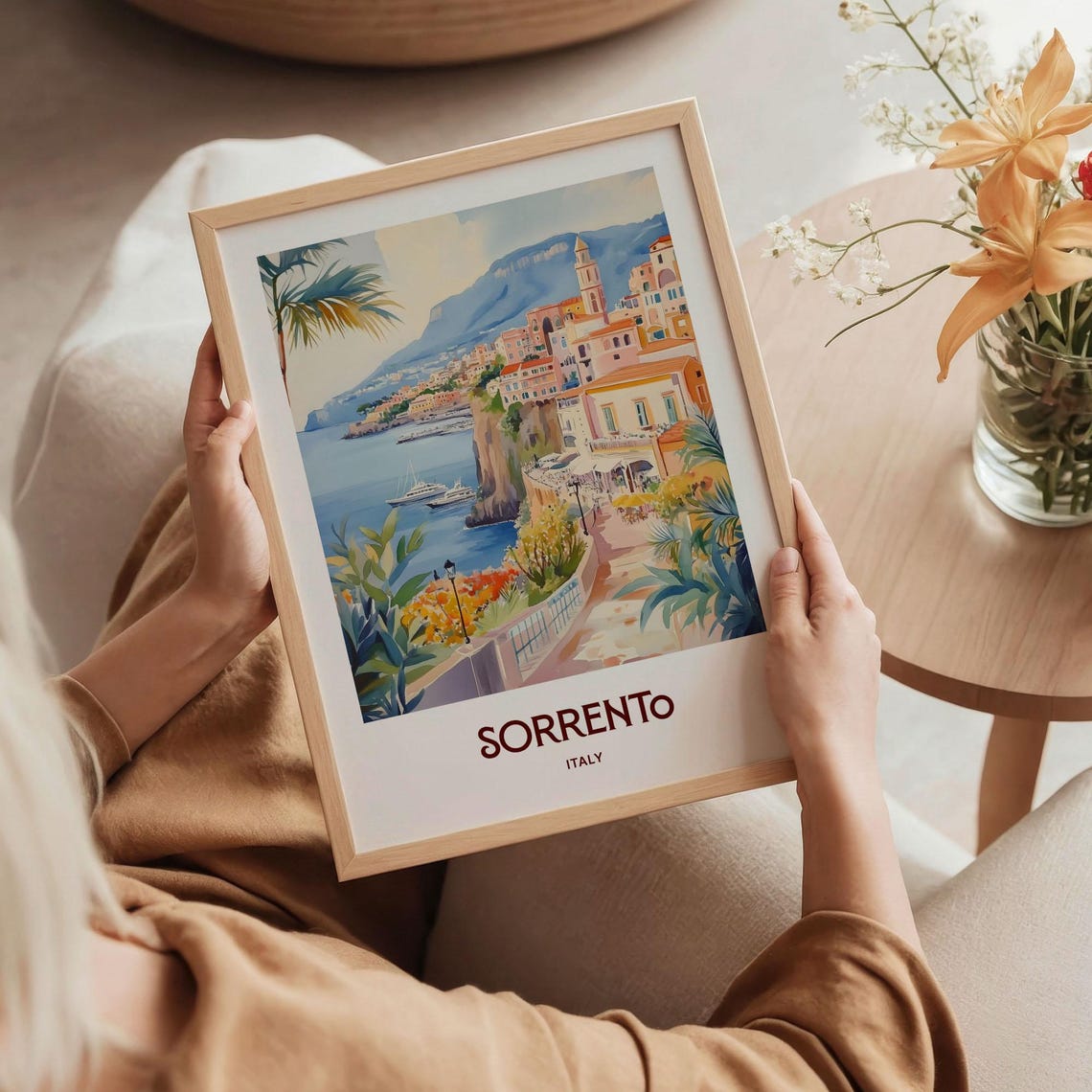 Sorrento Italy Coastal Cliffs Bay Watercolor Travel Poster Art - Image 5