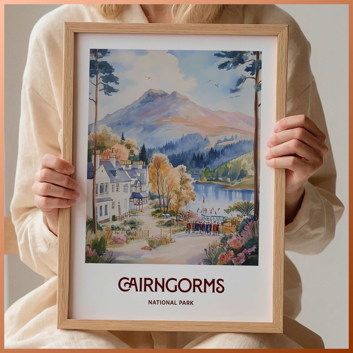 Cairngorms National Park Watercolor Loch Mountains Village Scene Poster