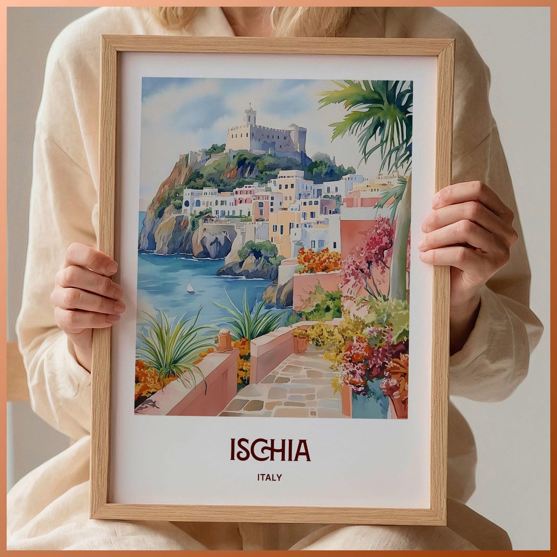 Ischia Italy Aragonese Castle Cliffside Watercolor Travel Poster