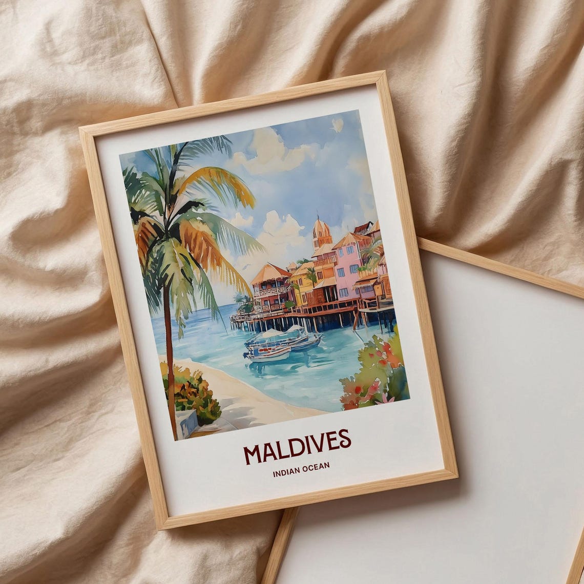 Maldives Indian Ocean Overwater Bungalows Watercolor Travel Poster - Image 3