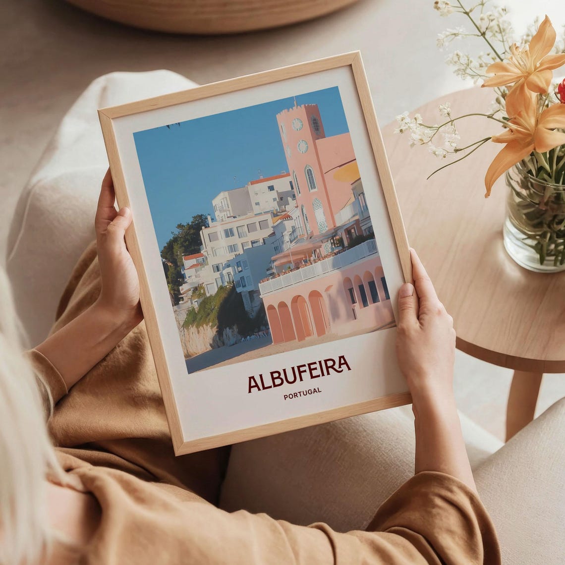 Albufeira Portugal Old Town Beach Pastel Coastal Scene Art Poster - Image 5