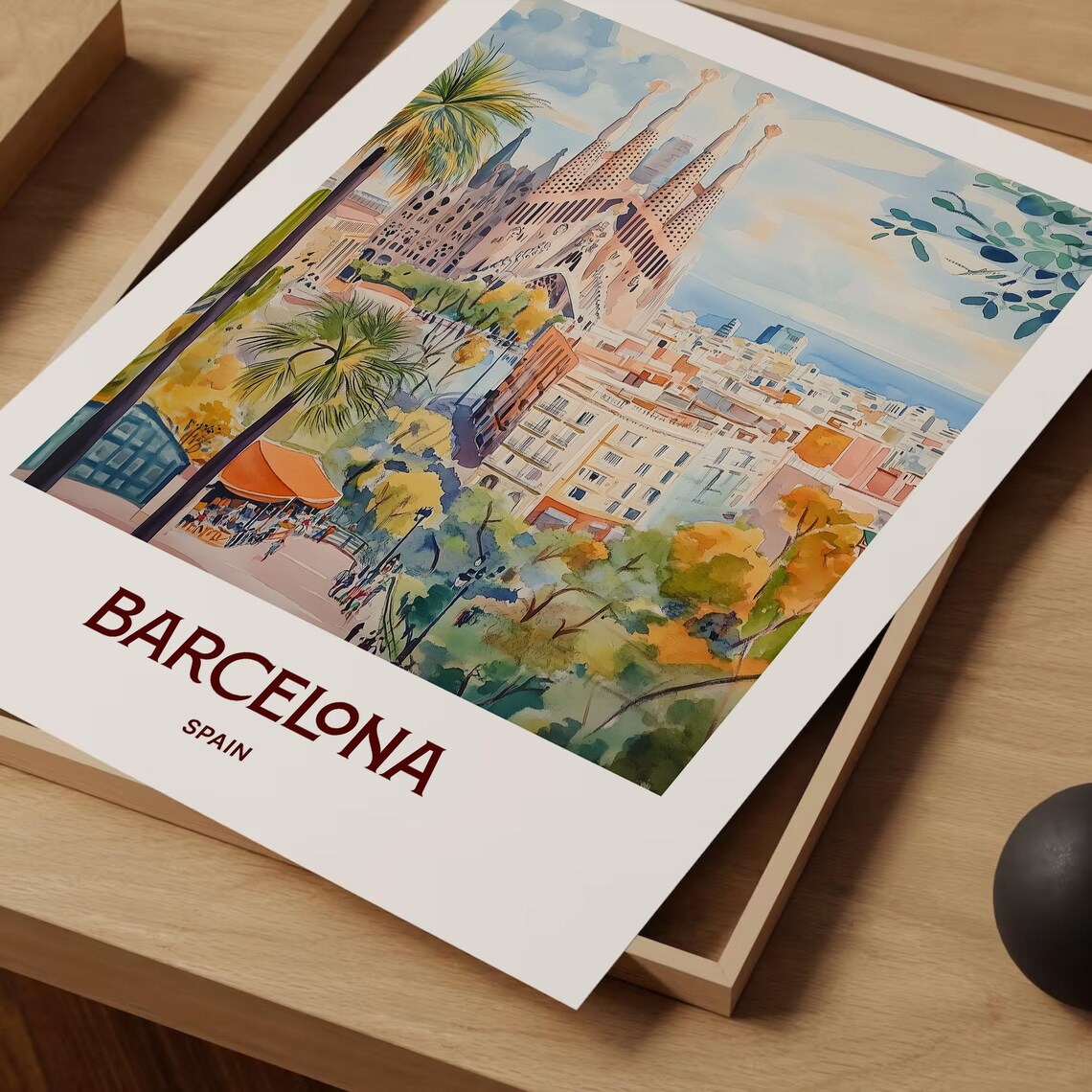 Barcelona Spain Sagrada Familia City Park Watercolor Travel Poster - Image 2