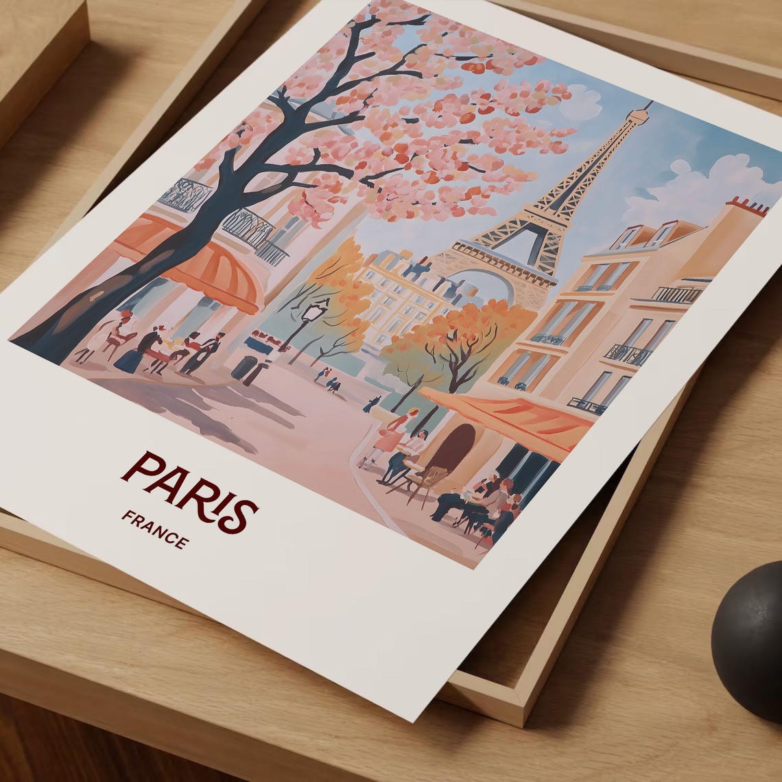 Paris France Eiffel Tower Cafe Street Cherry Tree Art Poster - Image 2