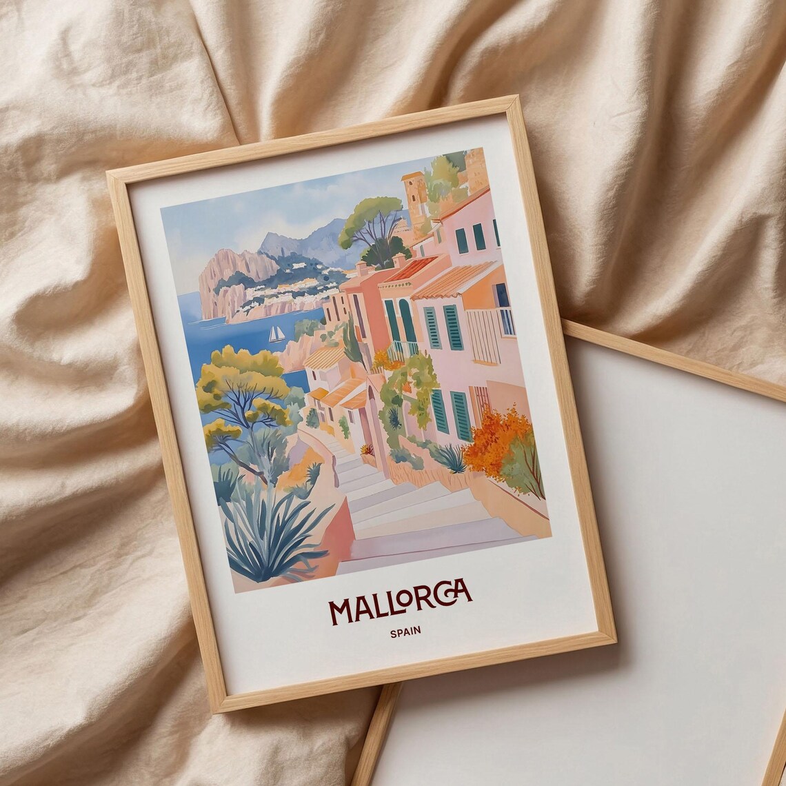 Mallorca Spain Mediterranean Village Sailboat Coast Watercolor Travel Poster - Image 3