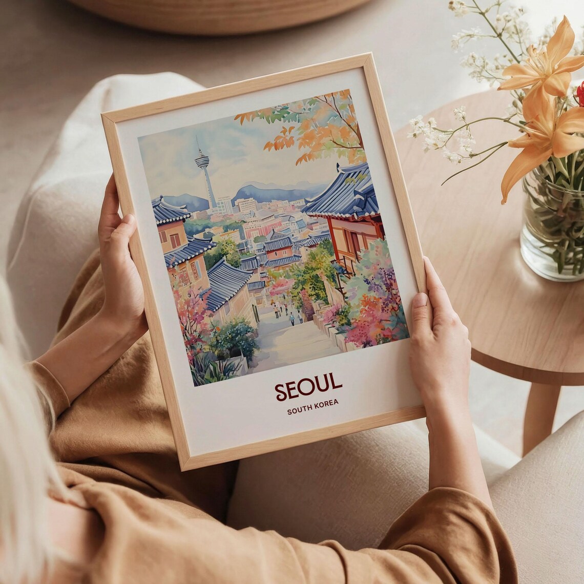 Seoul South Korea Watercolor Hanok Village Tower View Poster - Image 5