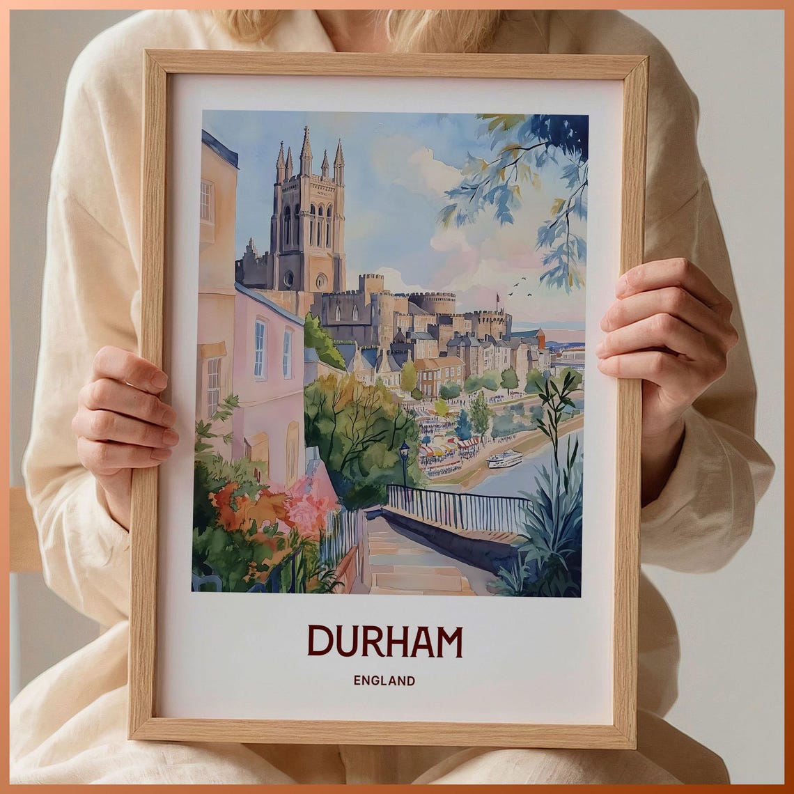 Durham England Watercolor Cathedral Castle River Hillside Town Poster