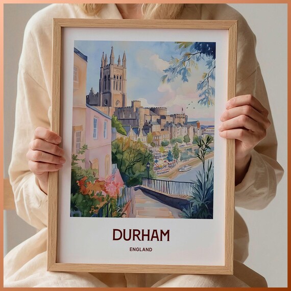 Durham England Watercolor Cathedral Castle River Hillside Town Poster