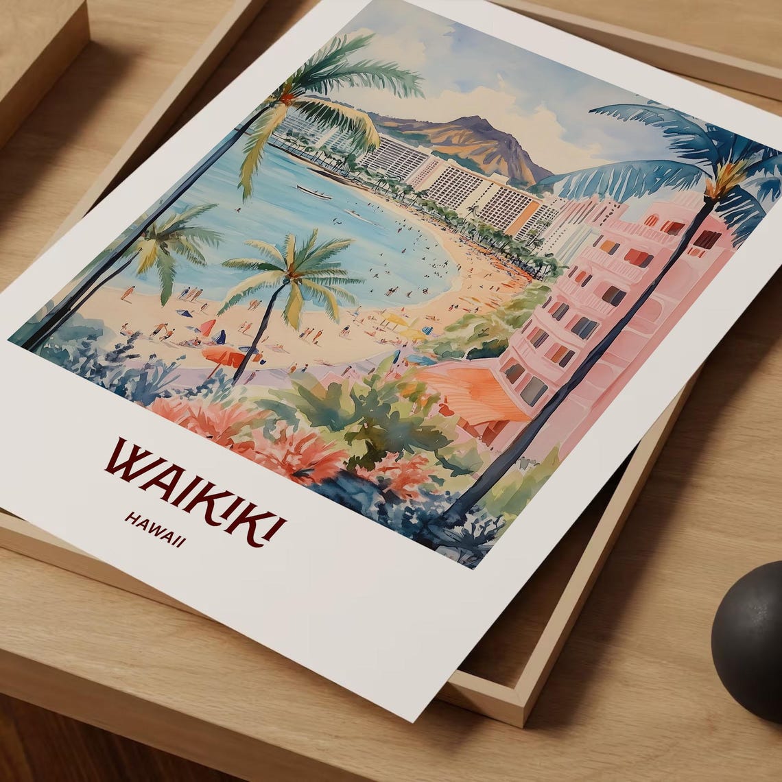 Waikiki Hawaii Beach Diamond Head Surf Watercolor Travel Poster - Image 2