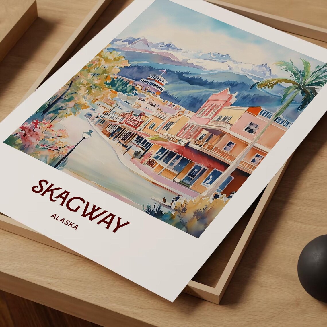 Skagway Alaska Watercolor Gold Rush Main Street Mountain View Art Poster - Image 2