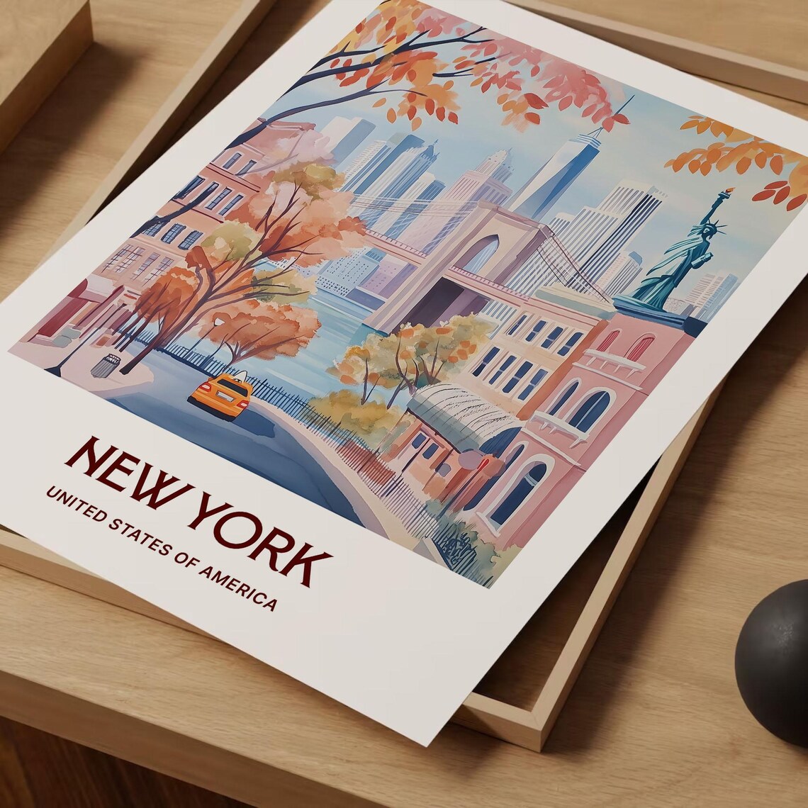 New York City Brooklyn Bridge Statue of Liberty Autumn Art Poster - Image 2