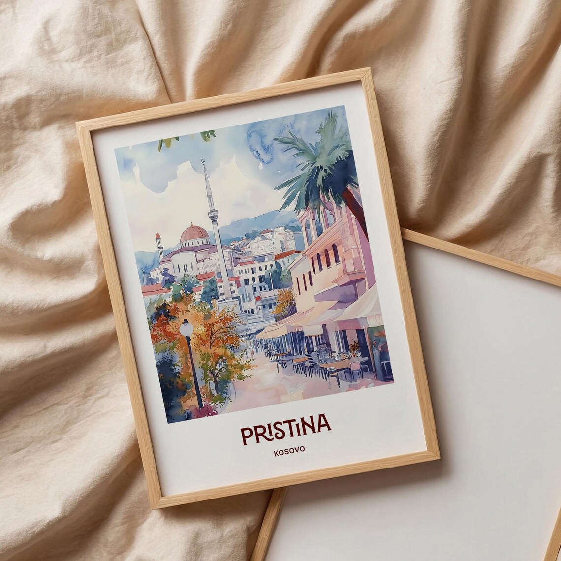 Pristina Kosovo Mosque Minaret Cafe Street Watercolor Travel Poster - Image 3