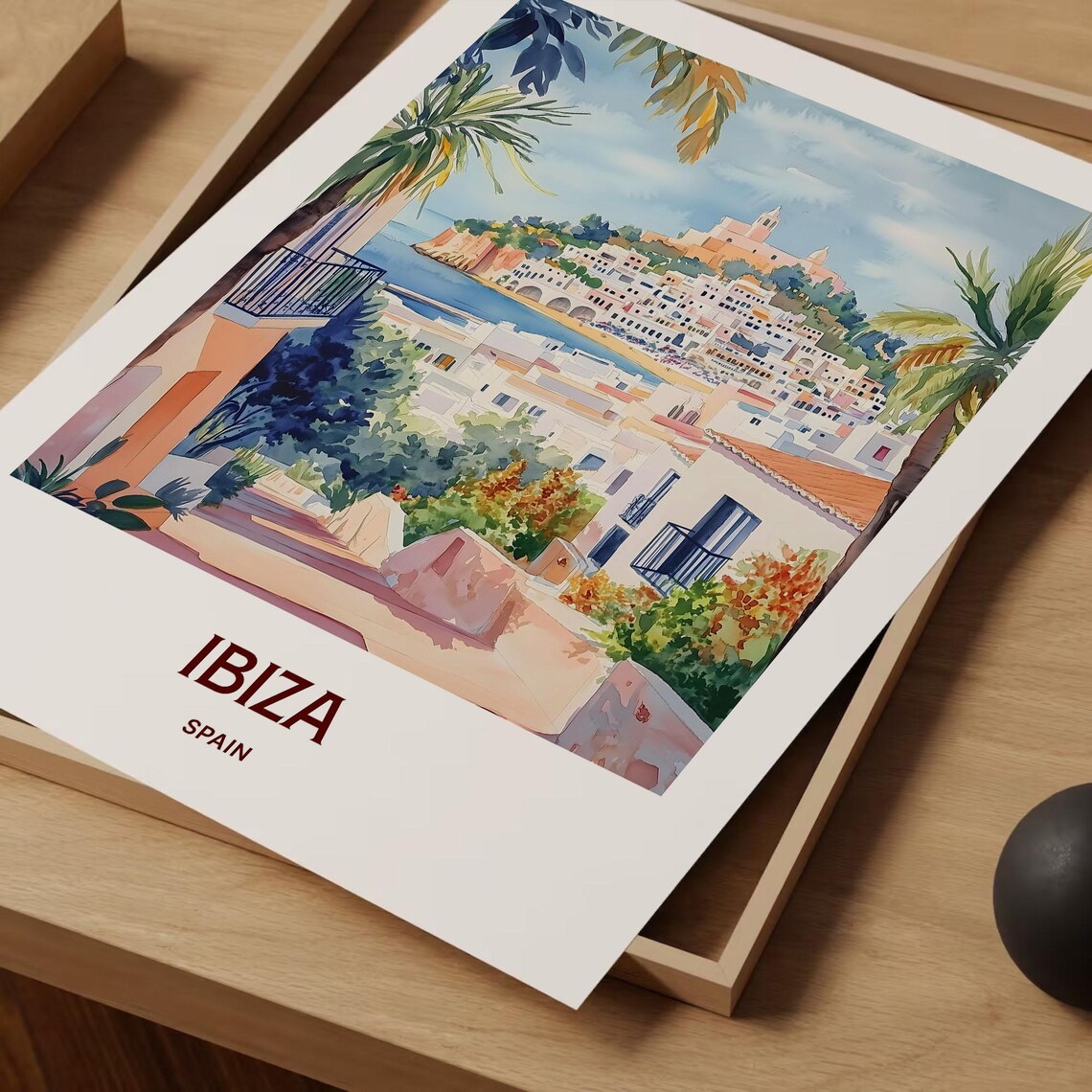 Ibiza Spain Old Town Hilltop Fortress Whitewashed Watercolor Travel Poster - Image 2
