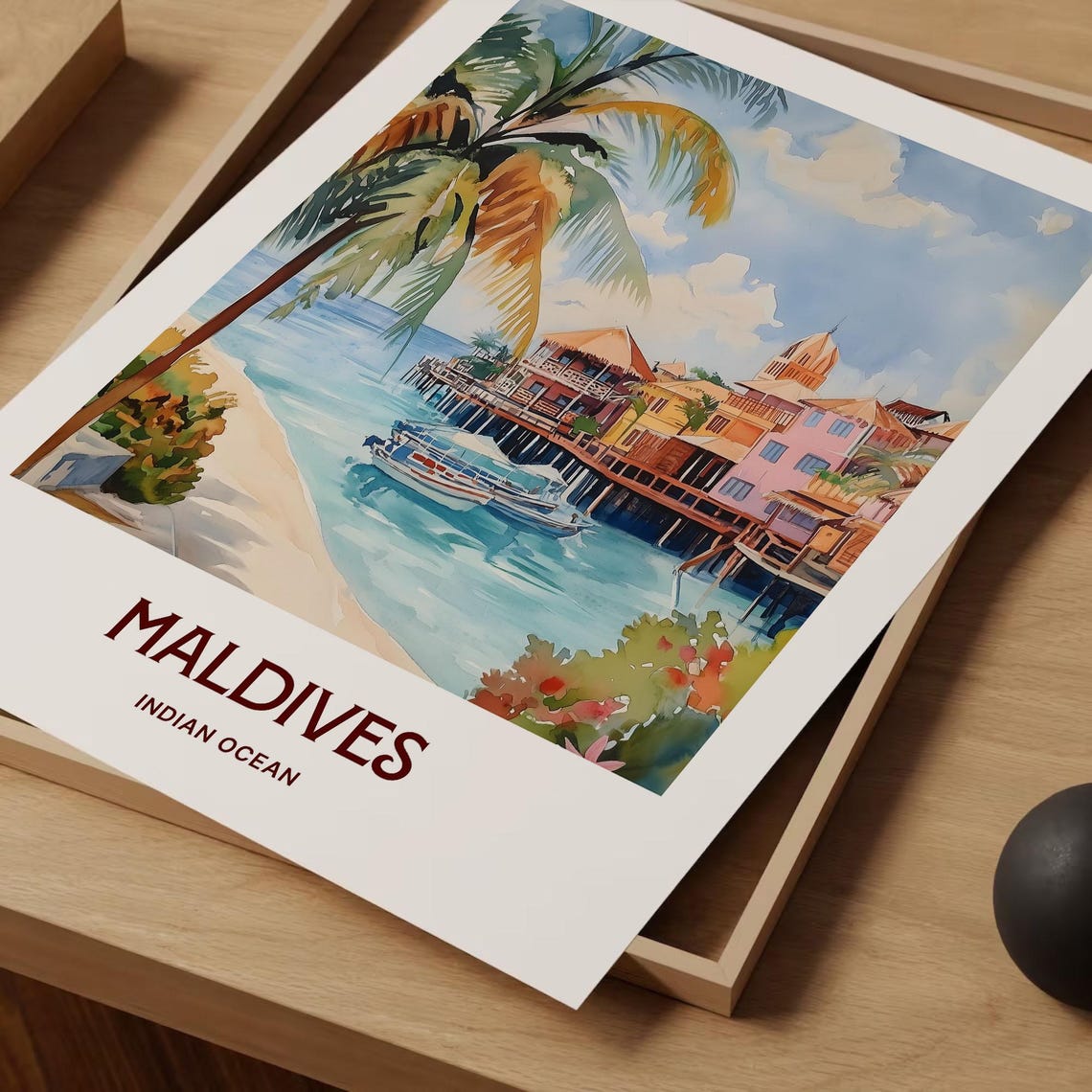 Maldives Indian Ocean Overwater Bungalows Watercolor Travel Poster - Image 2