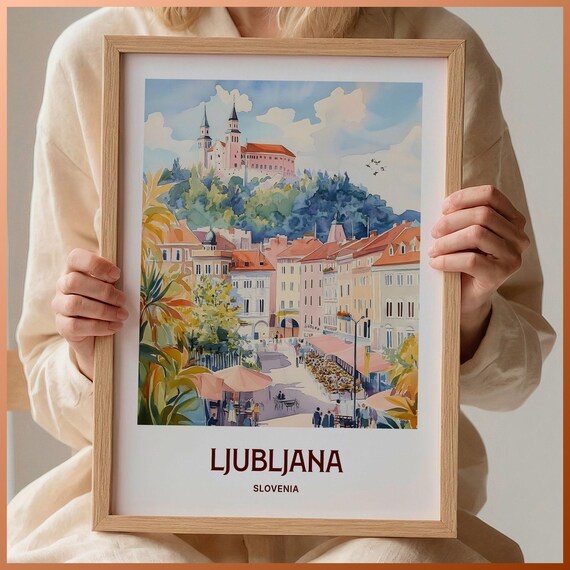 Ljubljana Slovenia Castle Hill Old Town Watercolor Travel Poster